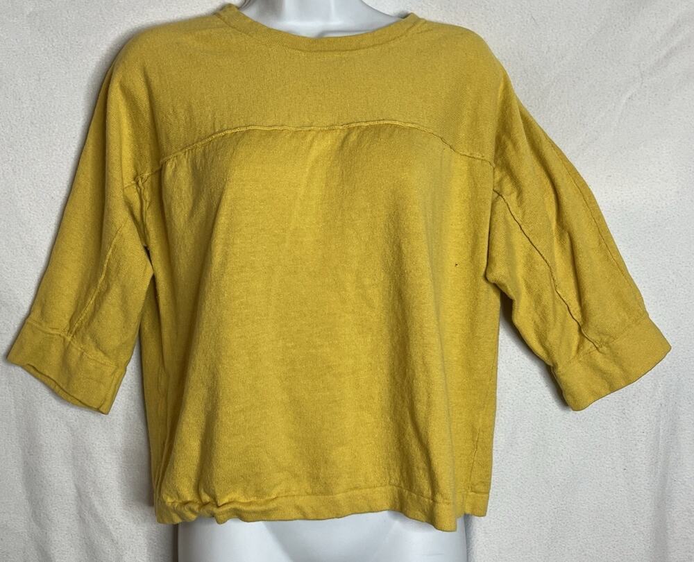 J.Jill S Mustard Yellow Fine Knit Pullover Linen Blend 3/4 Sleeve Sweater